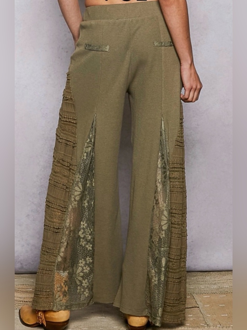 “The Dixie”Bestseller: Boho Wide-Leg Lace-Inset Pants - Olive - Picture 3 of 4